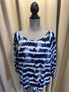 Chenault Navy and White Tie-Dye Button Front Blouse